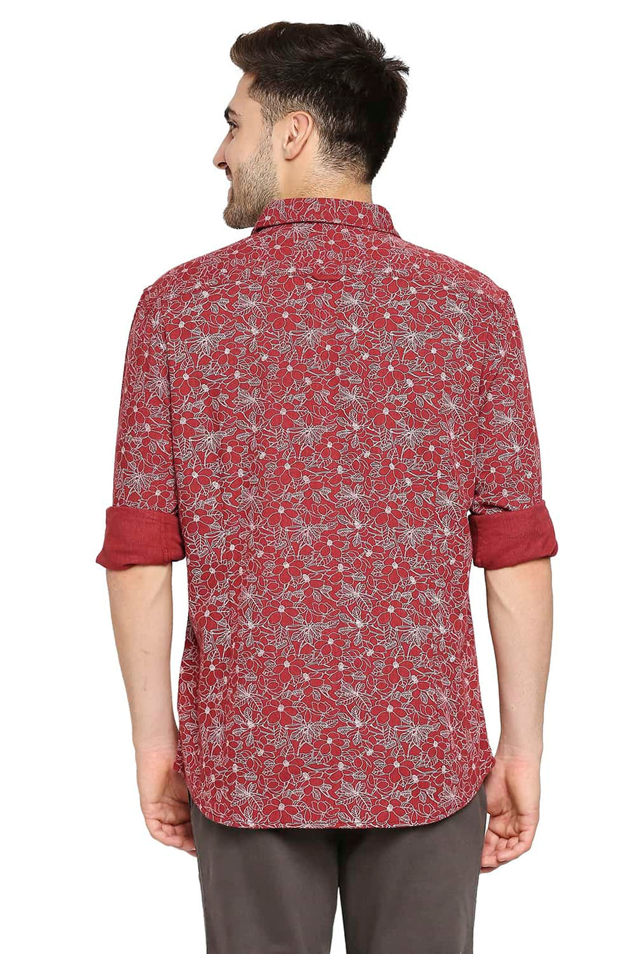BASICS SLIM FIT MAHOGANY BRICK MELANGE PRINTED SHIRT