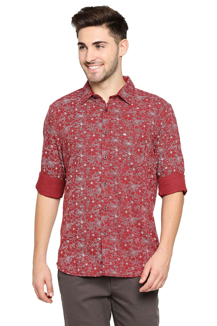 BASICS SLIM FIT MAHOGANY BRICK MELANGE PRINTED SHIRT