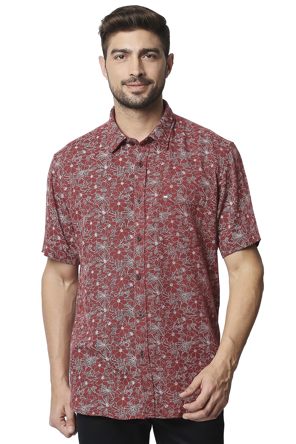 BASICS SLIM FIT MELANGE PRINTED HALFSLEEVES SHIRT