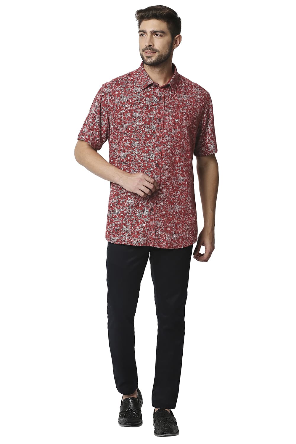 BASICS SLIM FIT MELANGE PRINTED HALFSLEEVES SHIRT