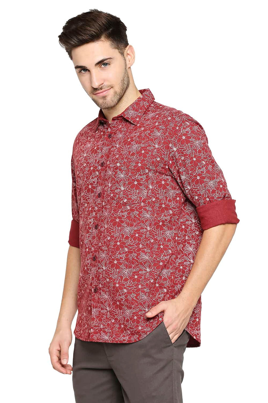 BASICS SLIM FIT MAHOGANY BRICK MELANGE PRINTED SHIRT
