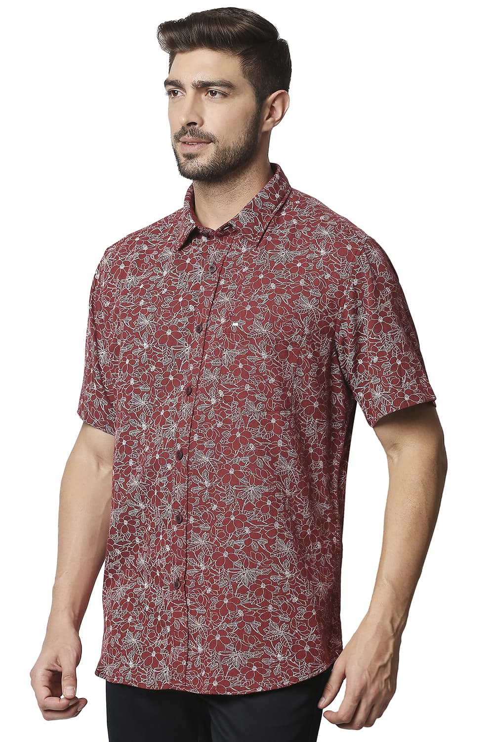 BASICS SLIM FIT MELANGE PRINTED HALFSLEEVES SHIRT