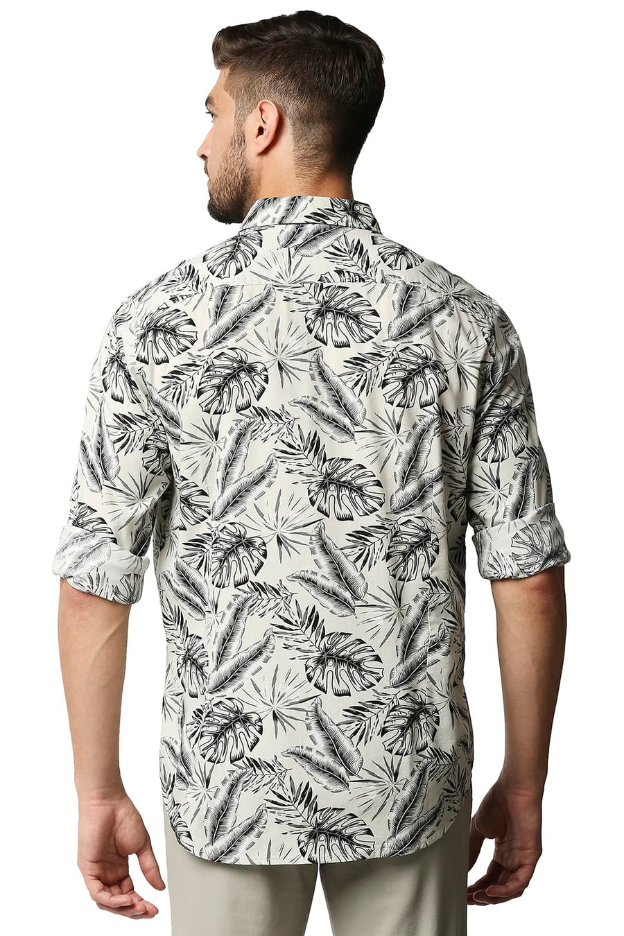 BASICS SLIM FIT WHISPER GREEN COTTON VISCOSE PRINTED SHIRT