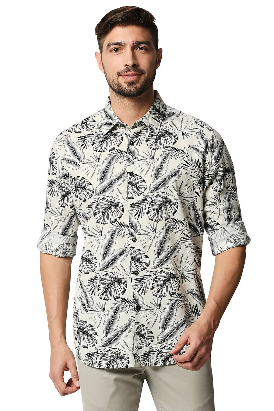 BASICS SLIM FIT WHISPER GREEN COTTON VISCOSE PRINTED SHIRT