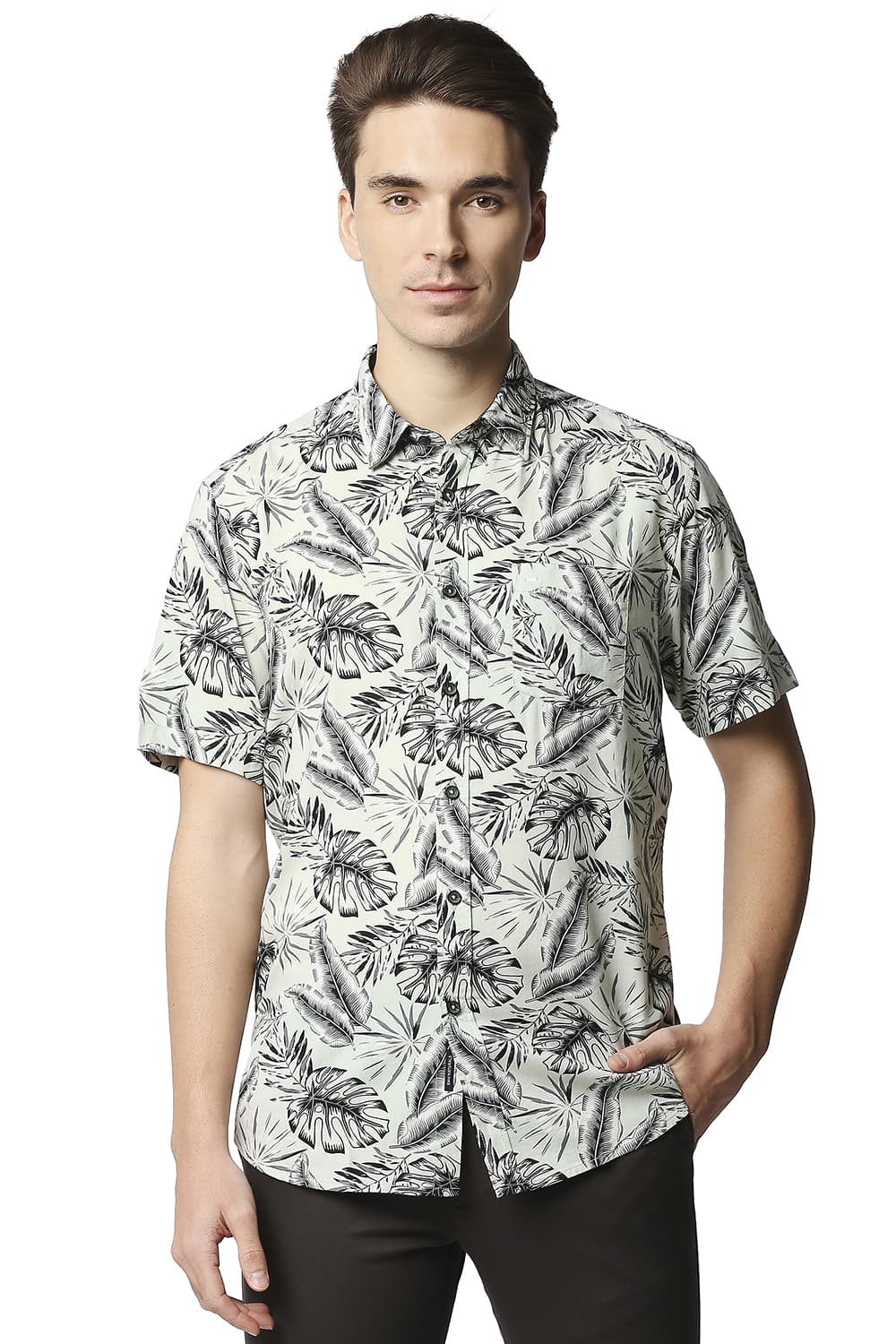 BASICS SLIM FIT COTTON VISCOSE PRINTED SHIRT