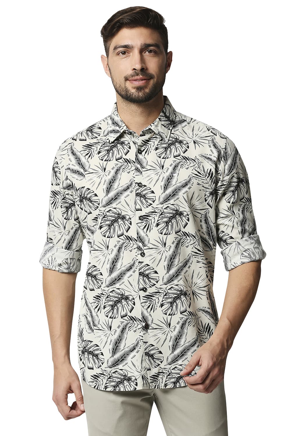 BASICS SLIM FIT COTTON VISCOSE PRINTED SHIRT