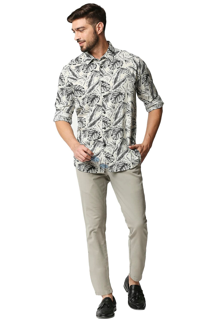 BASICS SLIM FIT WHISPER GREEN COTTON VISCOSE PRINTED SHIRT