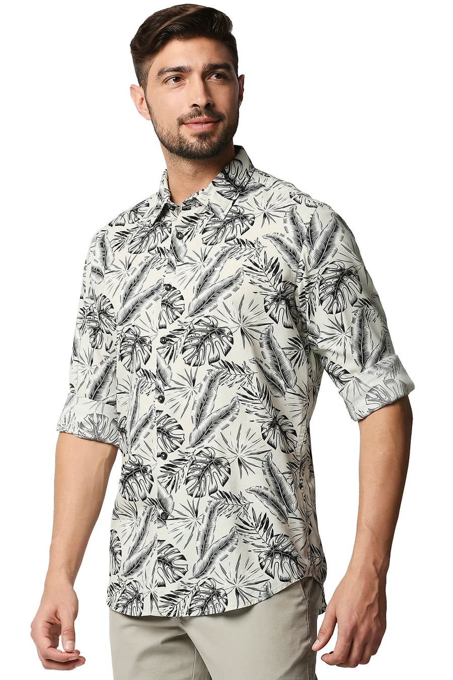 BASICS SLIM FIT WHISPER GREEN COTTON VISCOSE PRINTED SHIRT