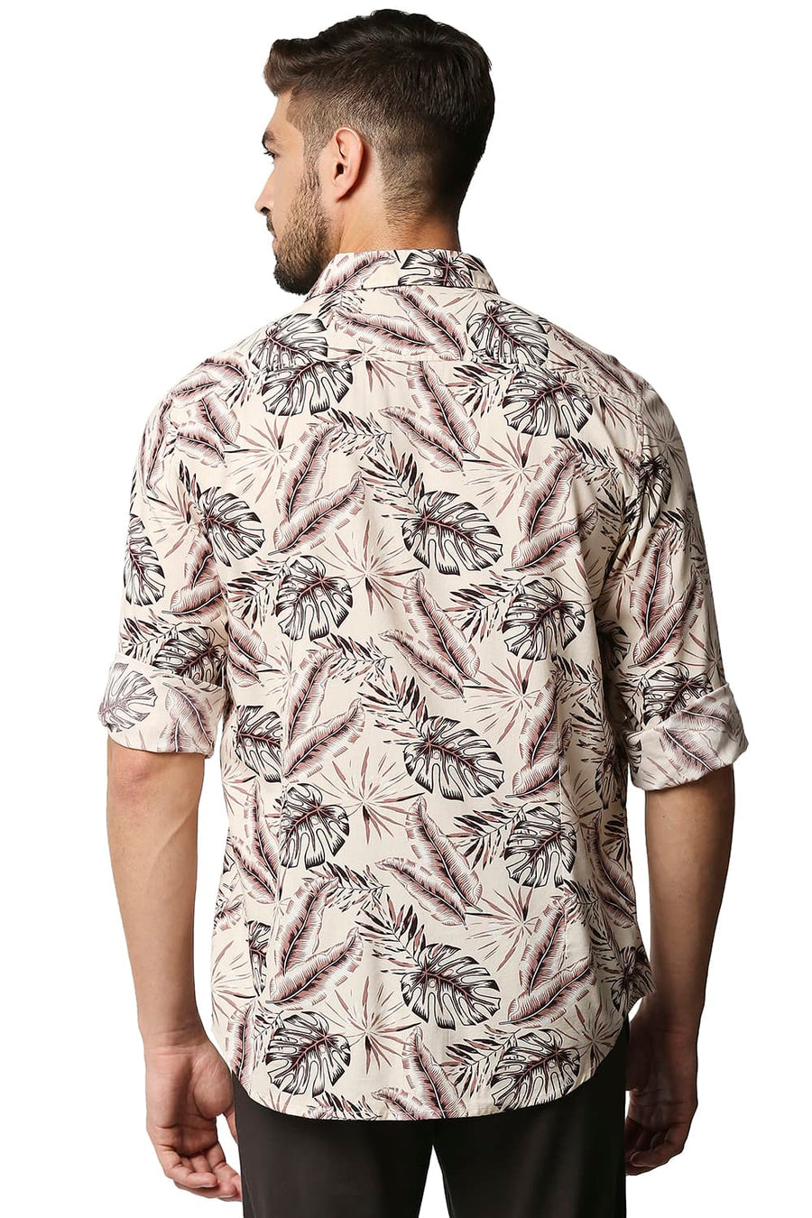 BASICS SLIM FIT PEARLED BEIGE COTTON VISCOSE PRINTED SHIRT