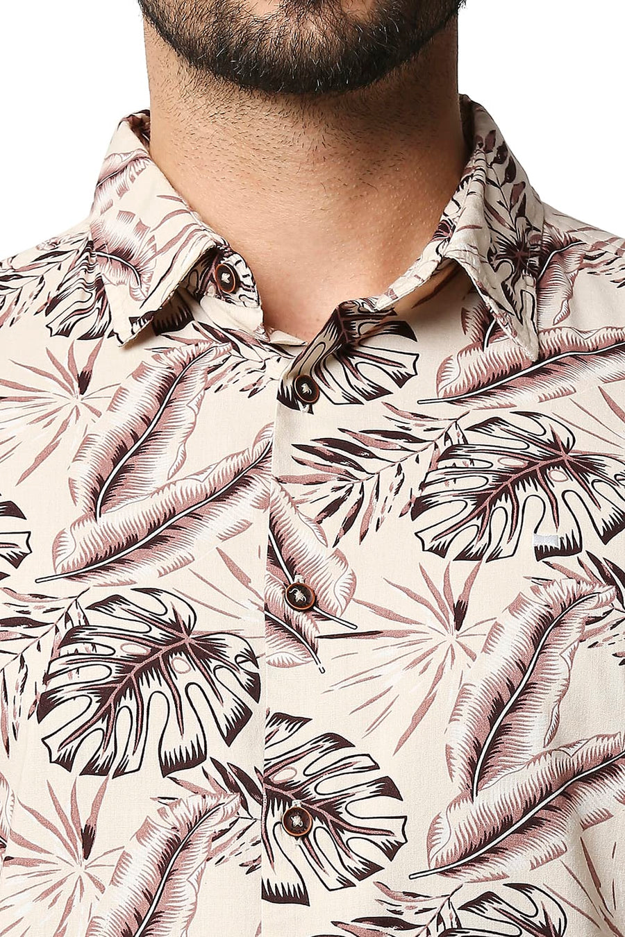 BASICS SLIM FIT PEARLED BEIGE COTTON VISCOSE PRINTED SHIRT