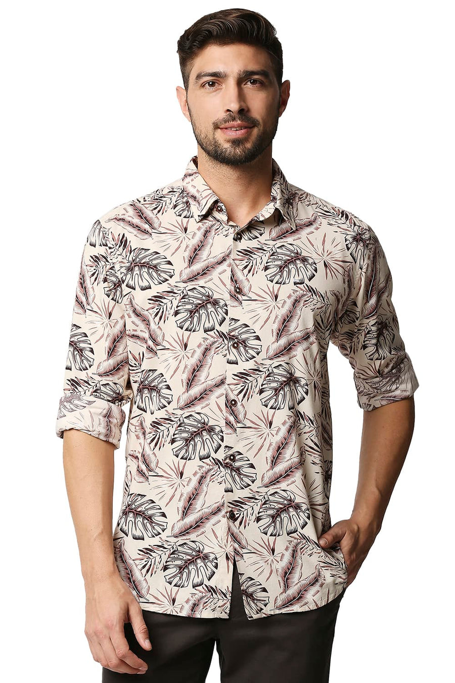 BASICS SLIM FIT PEARLED BEIGE COTTON VISCOSE PRINTED SHIRT