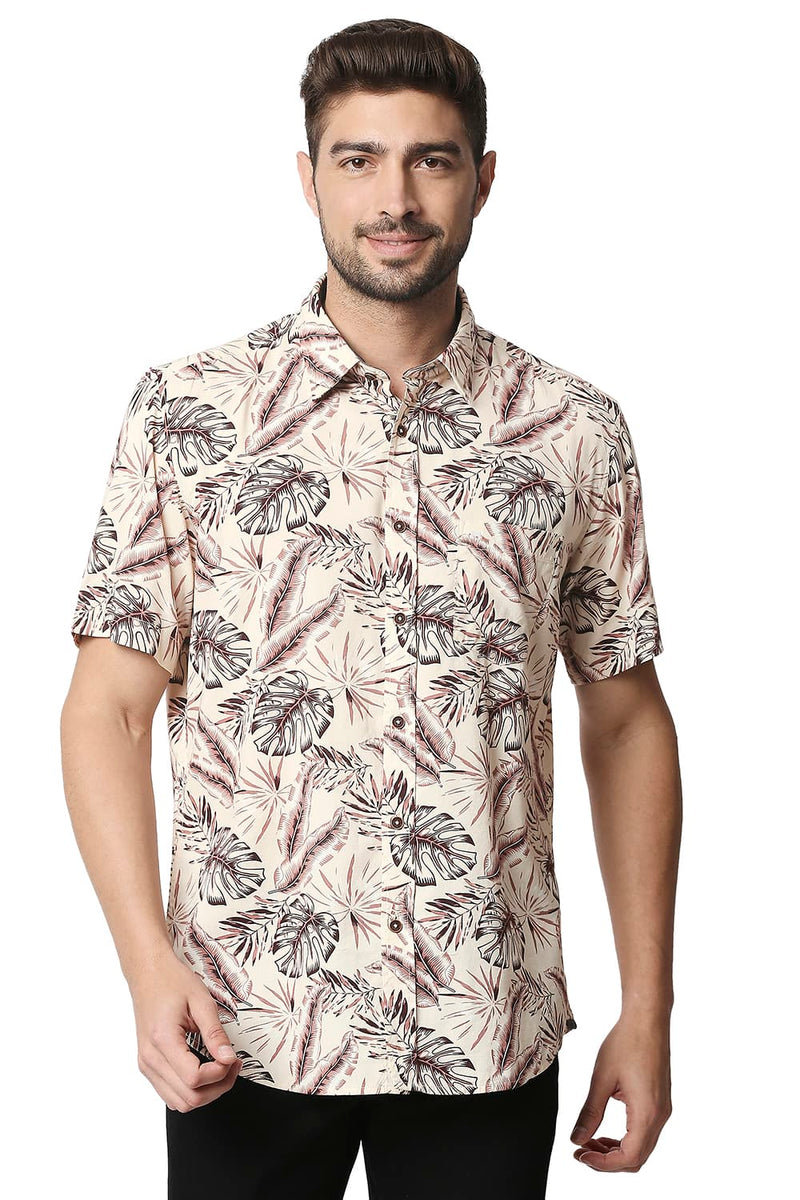 BASICS SLIM FIT COTTON VISCOSE PRINTED HALFSLEEVES SHIRT