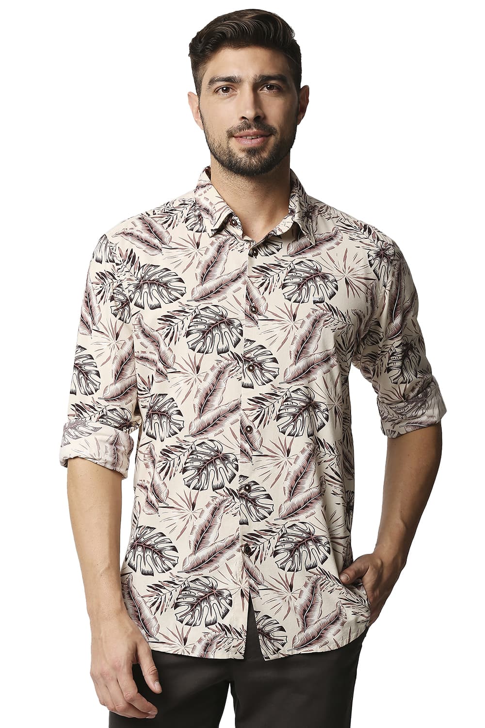 BASICS SLIM FIT COTTON VISCOSE PRINTED SHIRT