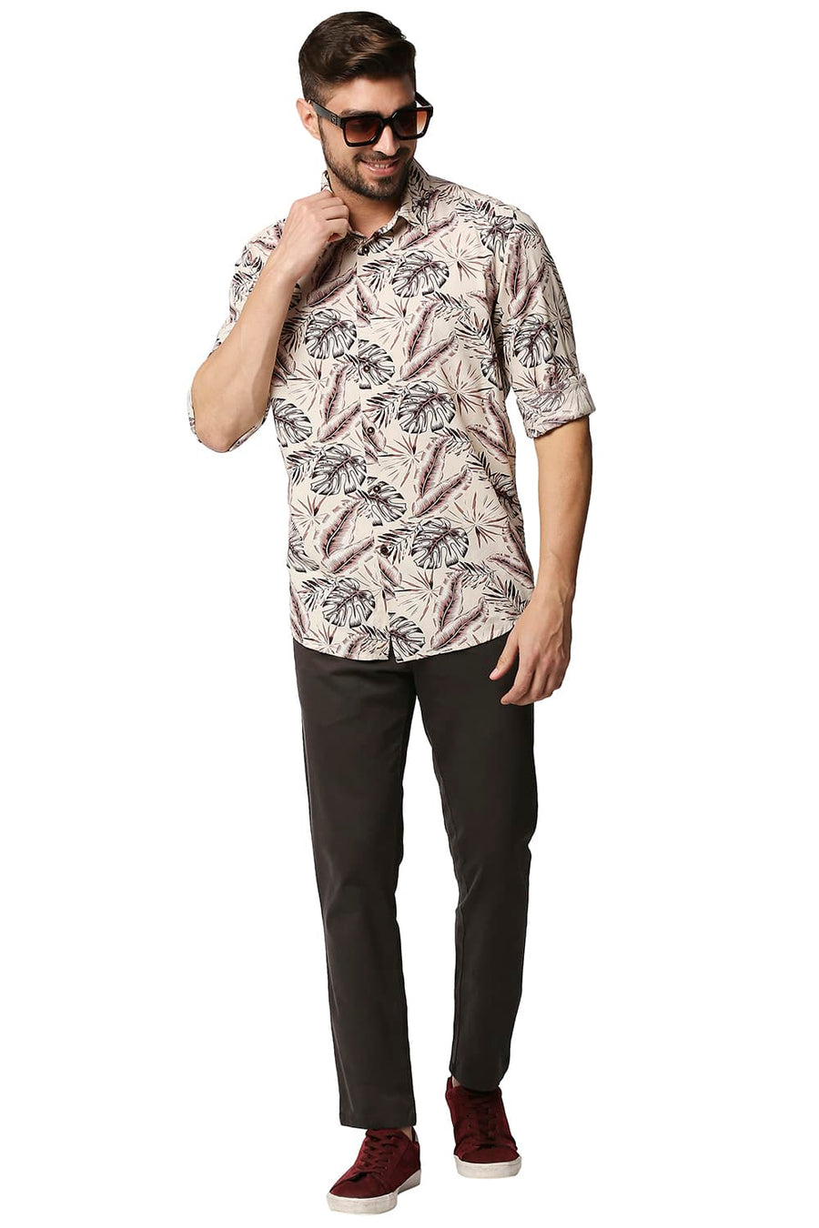 BASICS SLIM FIT PEARLED BEIGE COTTON VISCOSE PRINTED SHIRT