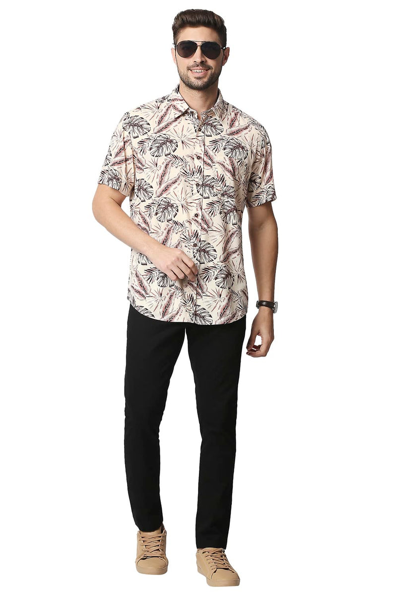 BASICS SLIM FIT COTTON VISCOSE PRINTED HALFSLEEVES SHIRT