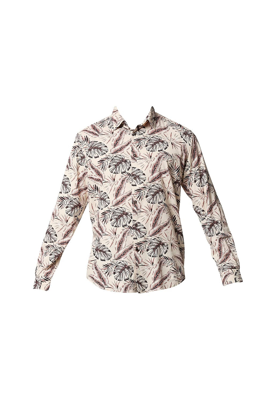 BASICS SLIM FIT PEARLED BEIGE COTTON VISCOSE PRINTED SHIRT