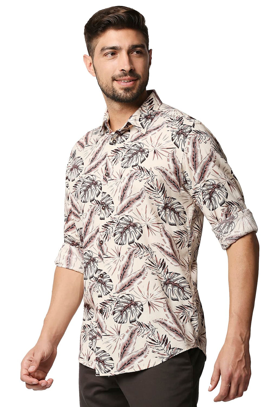 BASICS SLIM FIT PEARLED BEIGE COTTON VISCOSE PRINTED SHIRT