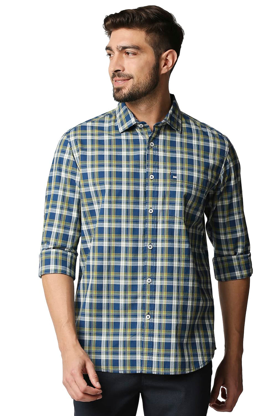 BASICS SLIM FIT DEEPWATER BLUE CHECKS SHIRT