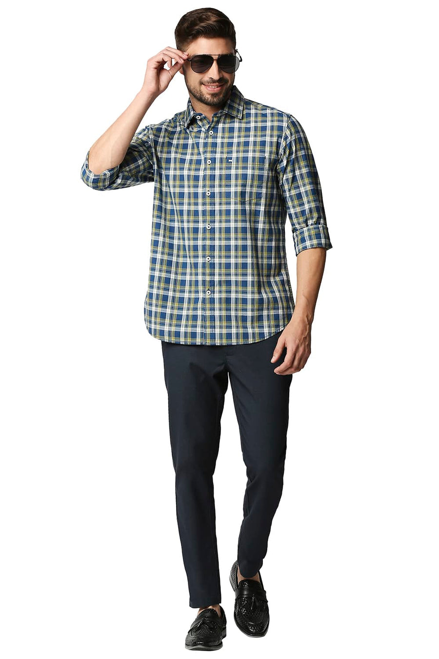 BASICS SLIM FIT DEEPWATER BLUE CHECKS SHIRT