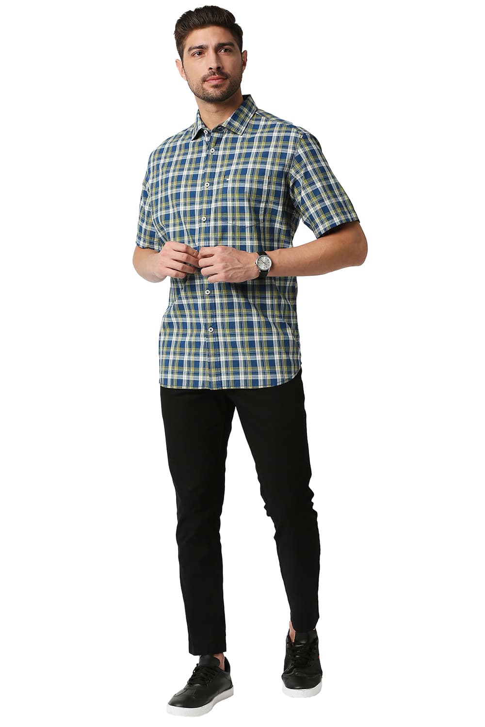 BASICS SLIM FIT CHECKS HALFSLEEVES SHIRT