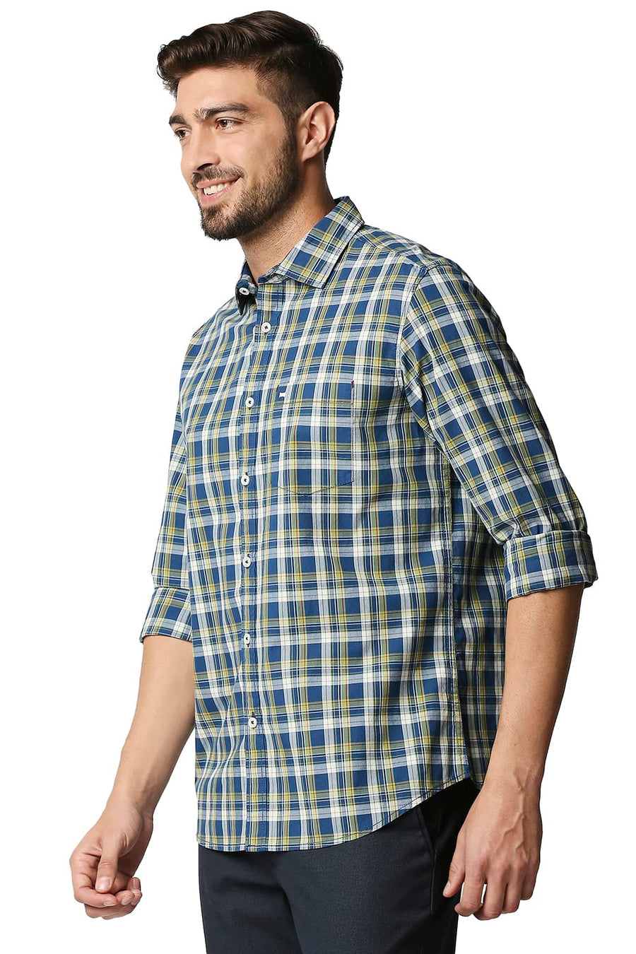 BASICS SLIM FIT DEEPWATER BLUE CHECKS SHIRT