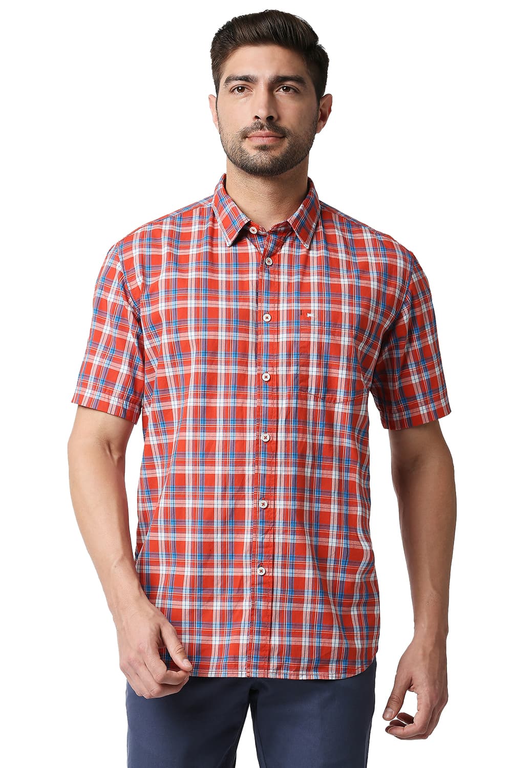 BASICS SLIM FIT CHECKS HALFSLEEVES SHIRT