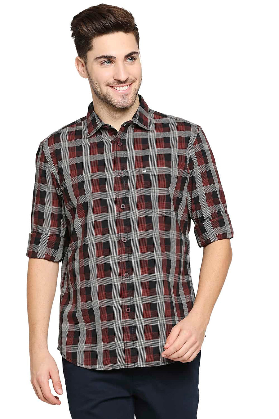 BASICS SLIM FIT CINNABAR RED CHECKS SHIRT