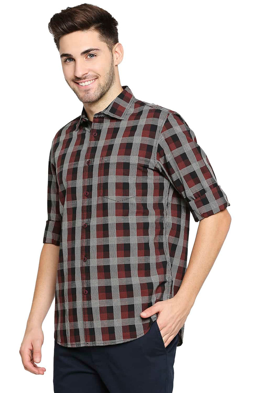 BASICS SLIM FIT CINNABAR RED CHECKS SHIRT