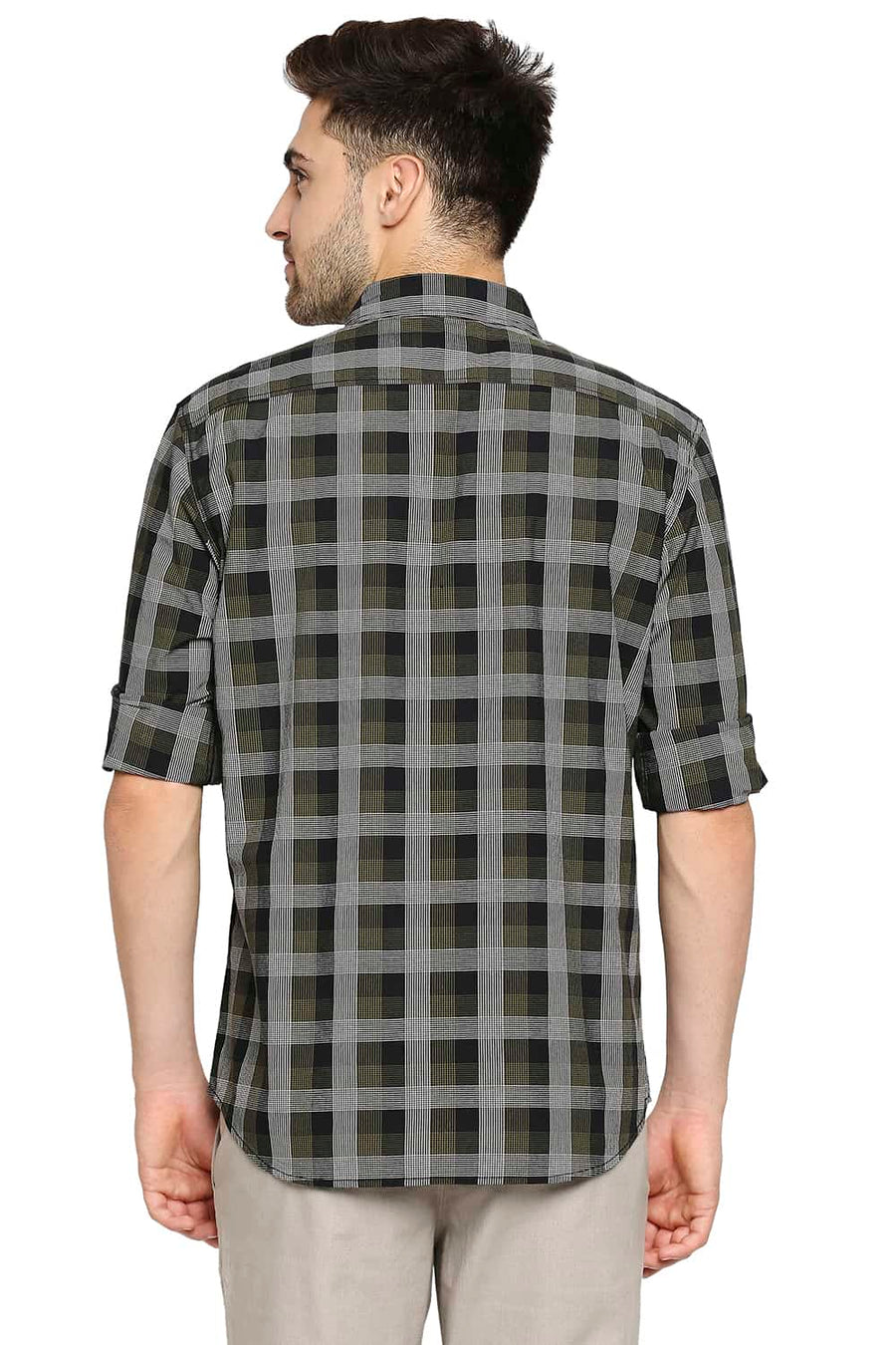 BASICS SLIM FIT GREEN MOSS CHECKS SHIRT