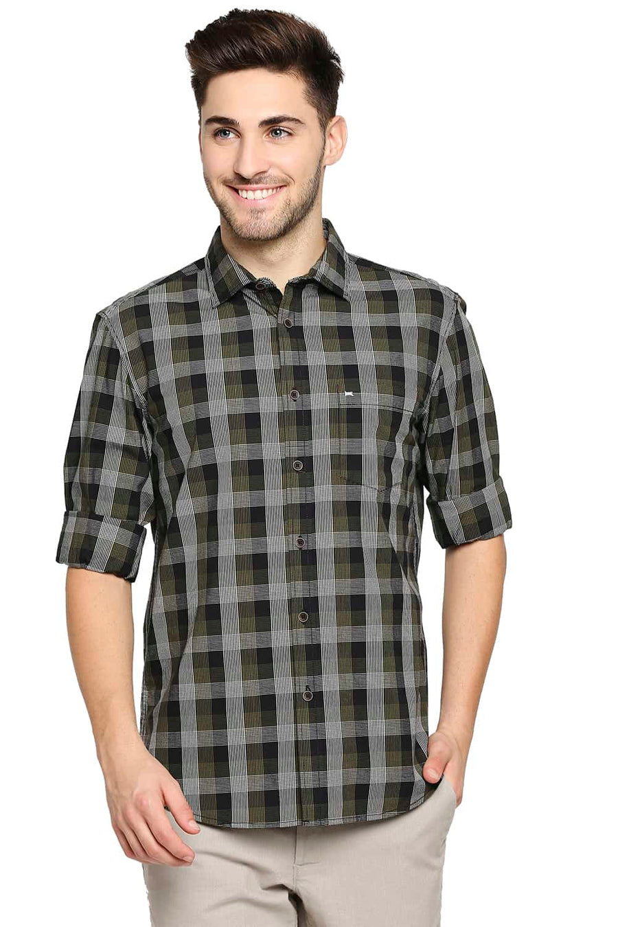 BASICS SLIM FIT GREEN MOSS CHECKS SHIRT