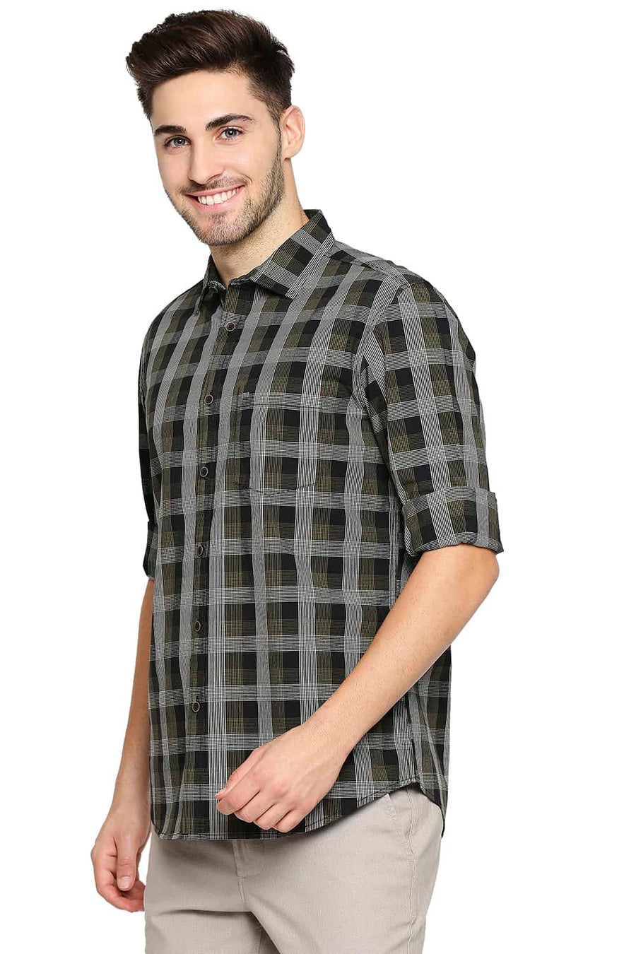 BASICS SLIM FIT GREEN MOSS CHECKS SHIRT