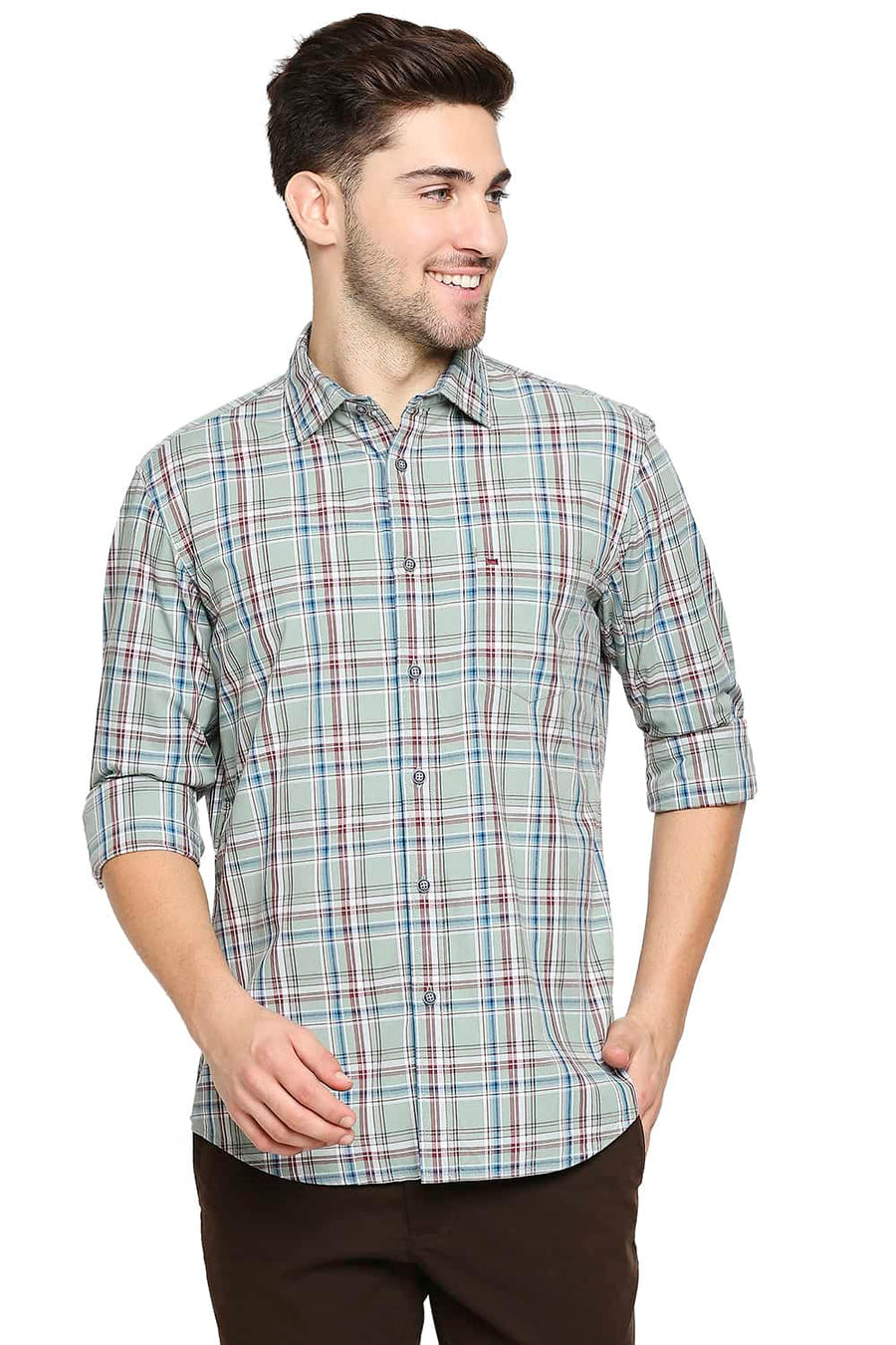 BASICS SLIM FIT SAGE GREEN CHECKS SHIRT