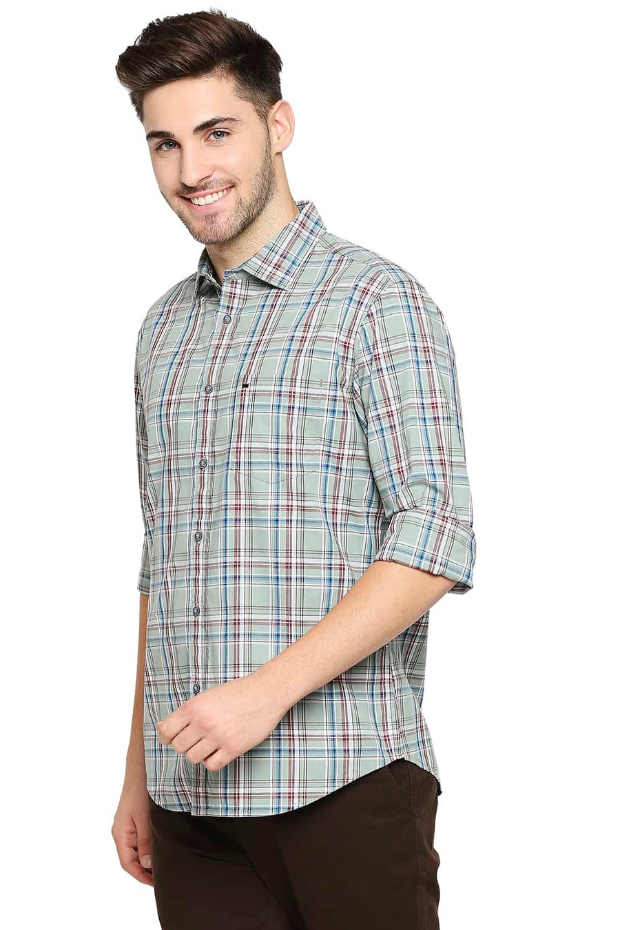 BASICS SLIM FIT SAGE GREEN CHECKS SHIRT