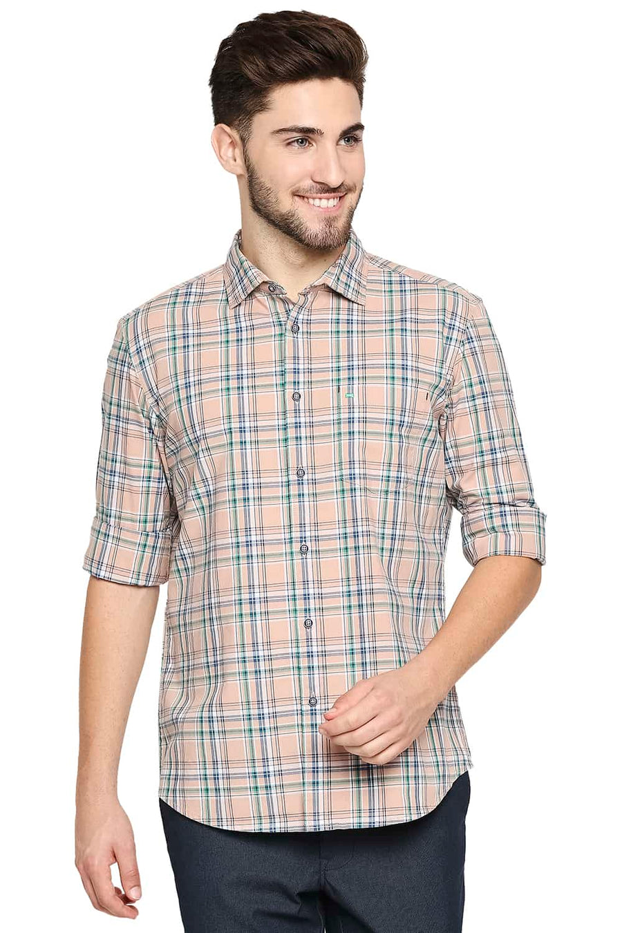 BASICS SLIM FIT MAPLE PEACH CHECKS SHIRT