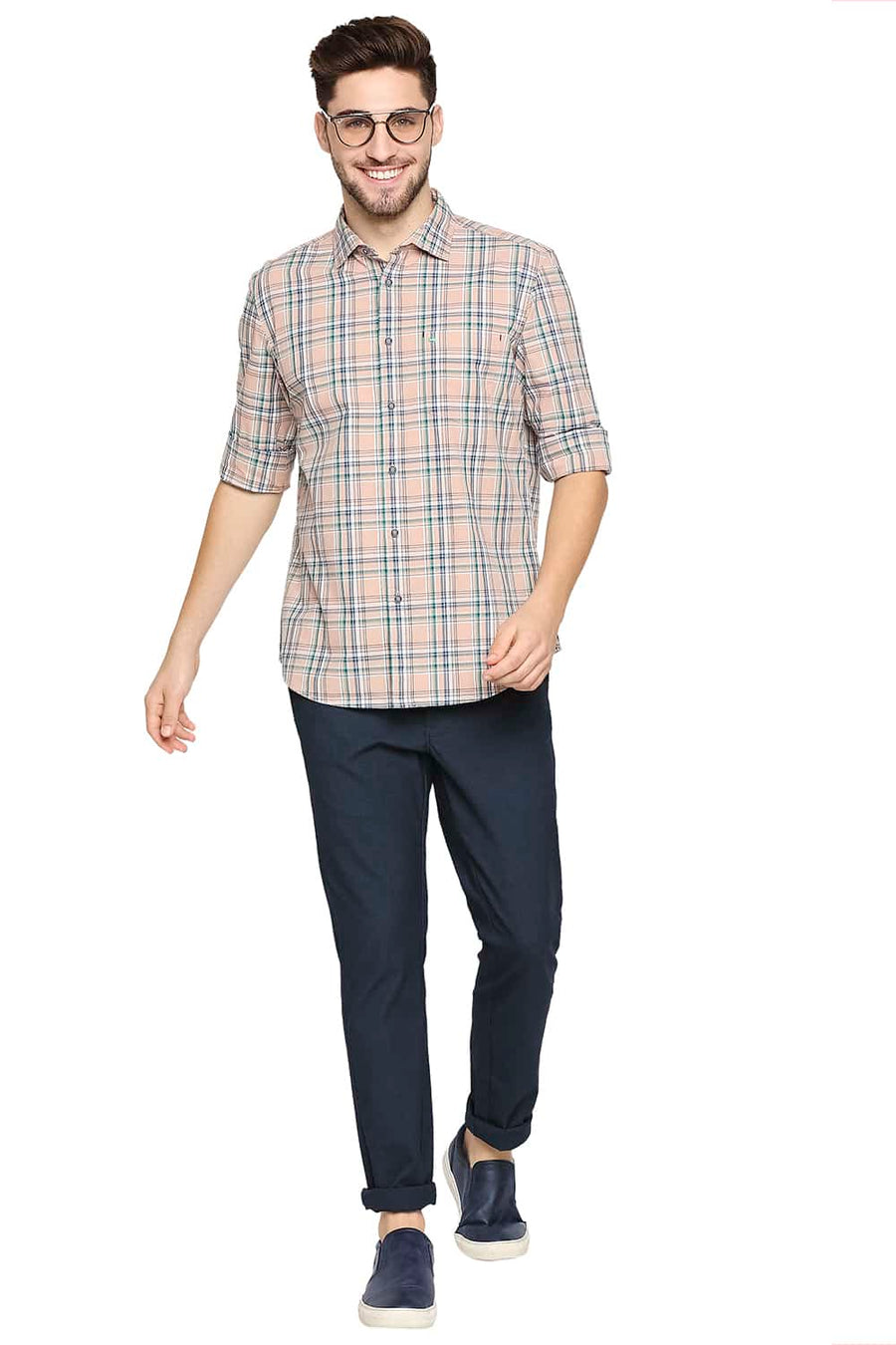 BASICS SLIM FIT MAPLE PEACH CHECKS SHIRT