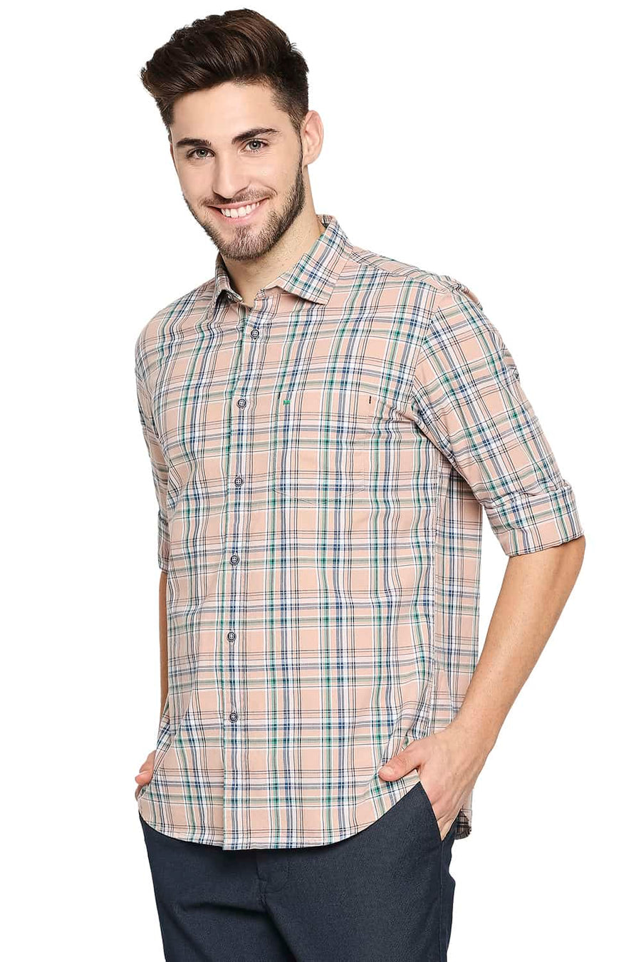 BASICS SLIM FIT MAPLE PEACH CHECKS SHIRT