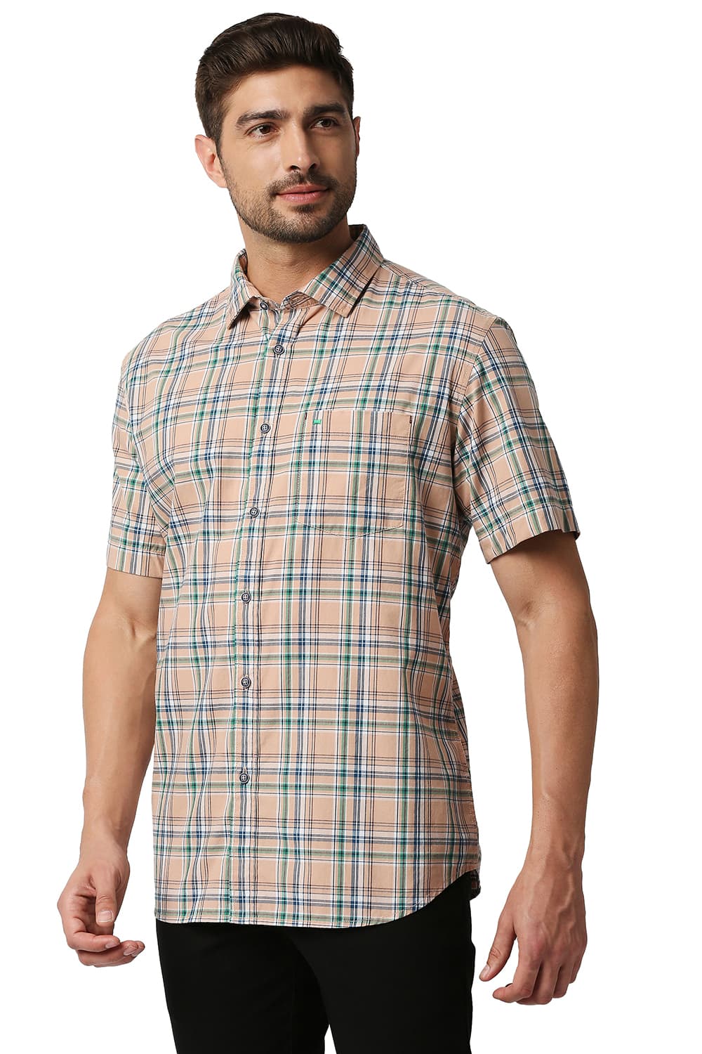 BASICS SLIM FIT CHECKS HALFSLEEVES SHIRT