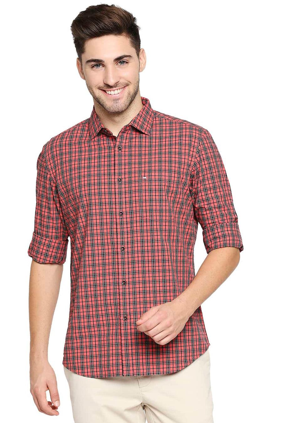 BASICS SLIM FIT CRANBERRY RED CHECKS SHIRT