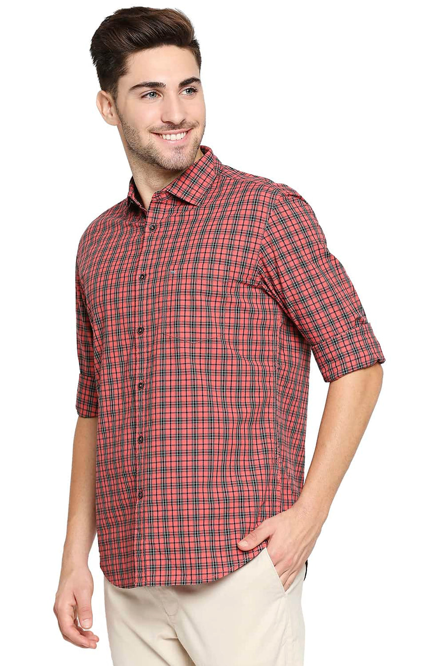 BASICS SLIM FIT CRANBERRY RED CHECKS SHIRT