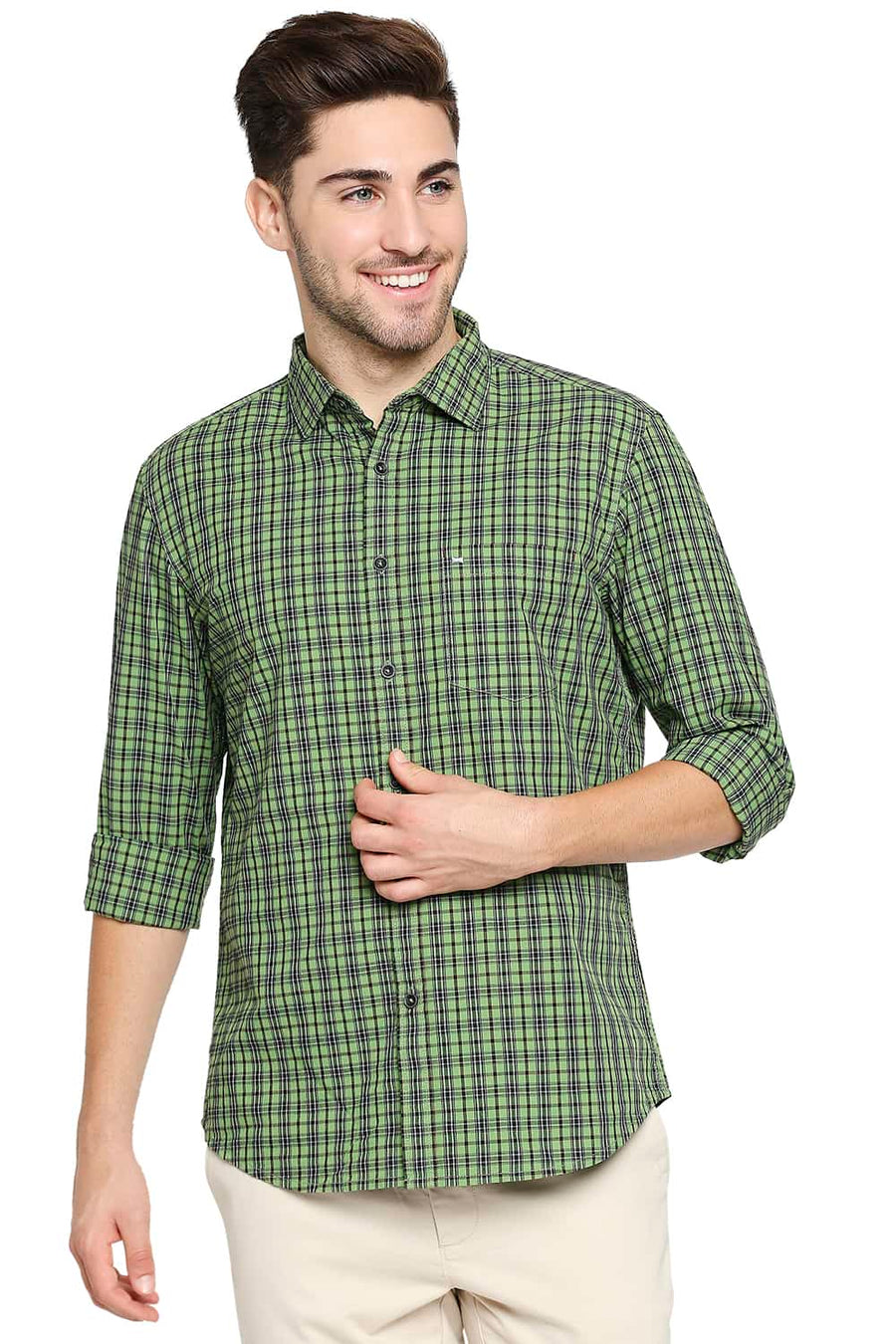 BASICS SLIM FIT CAMPSITE GREEN CHECKS SHIRT