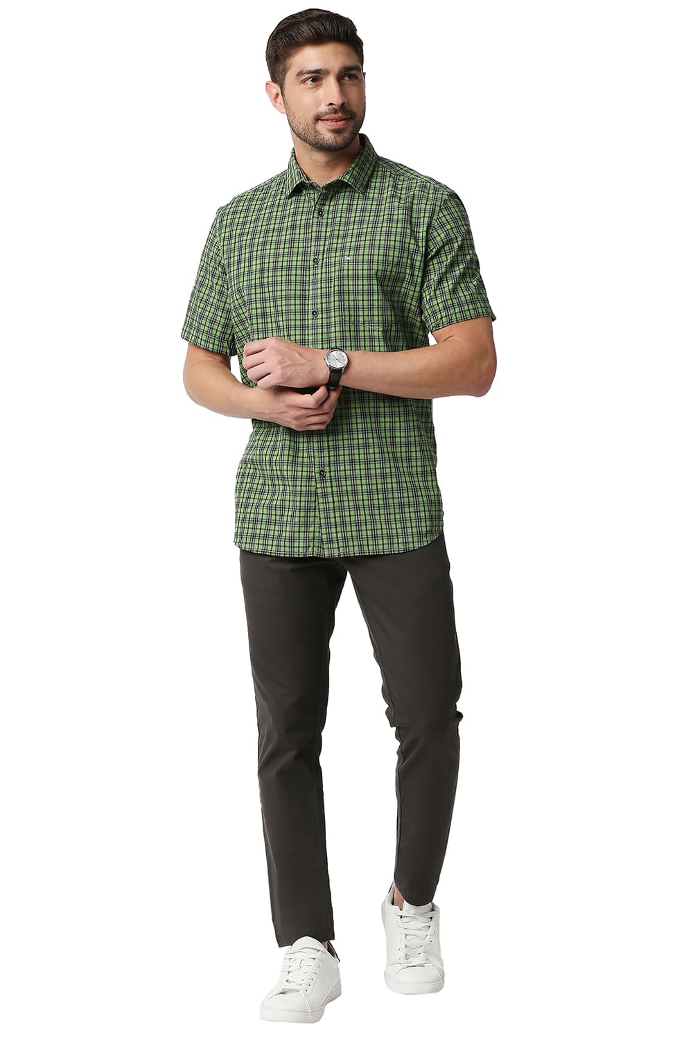 BASICS SLIM FIT CHECKS HALFSLEEVES SHIRT