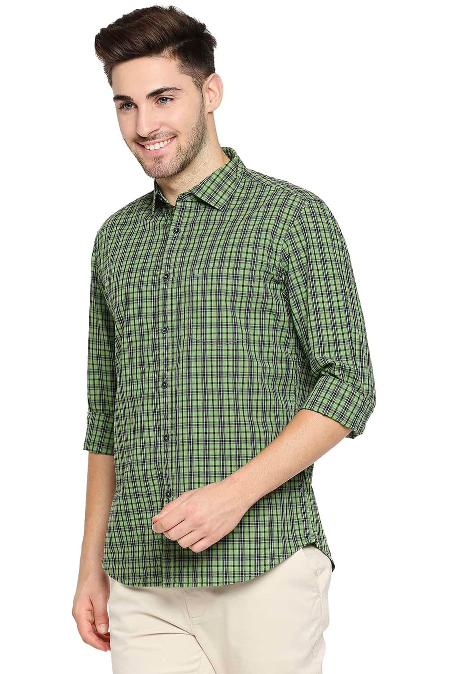 BASICS SLIM FIT CAMPSITE GREEN CHECKS SHIRT