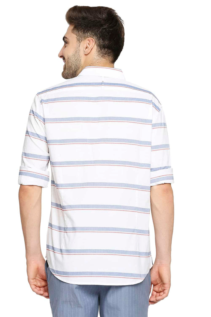 BASICS SLIM FIT BLUE HORIZON OXFORD HORIZONTAL STRIPE SHIRT