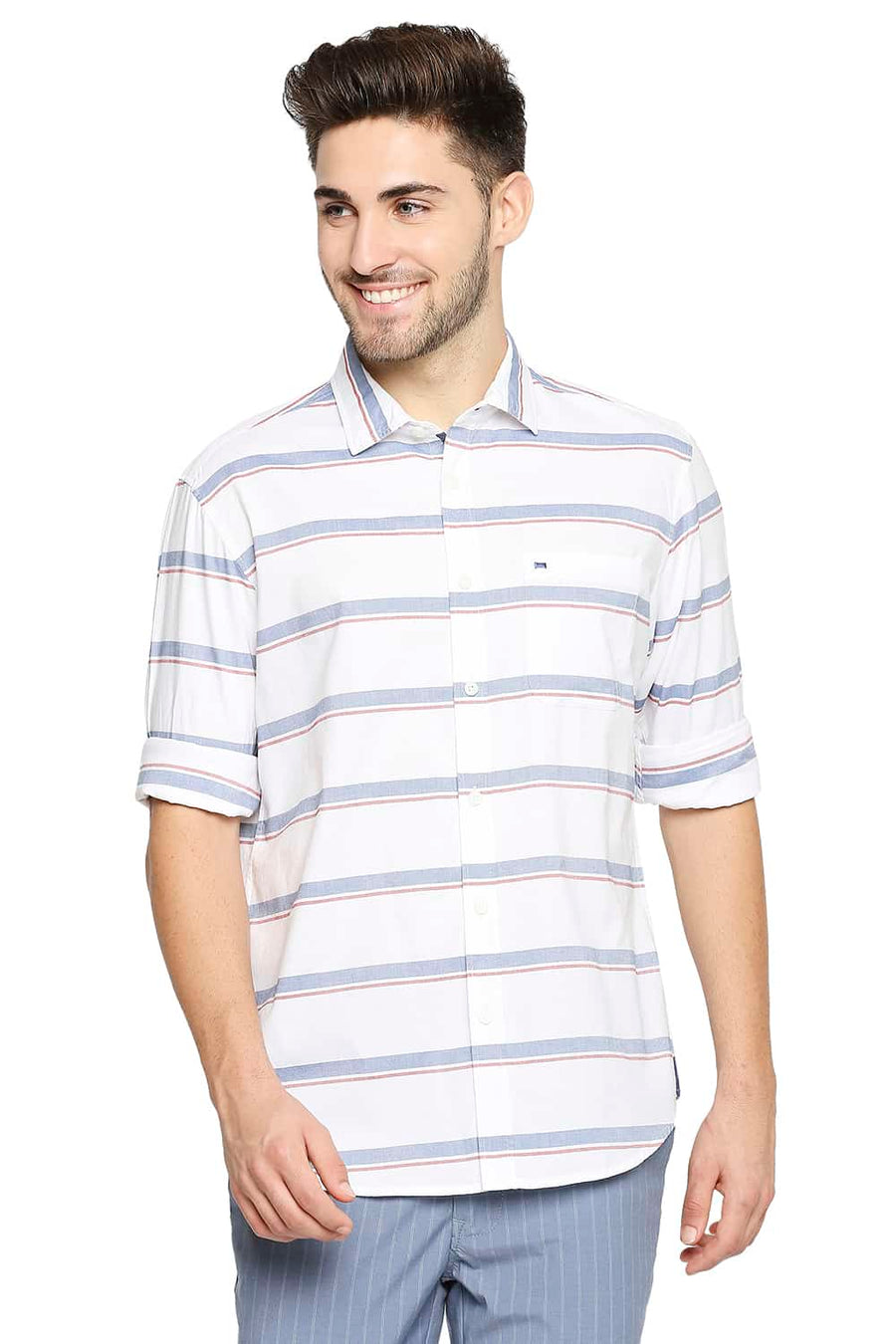 BASICS SLIM FIT BLUE HORIZON OXFORD HORIZONTAL STRIPE SHIRT