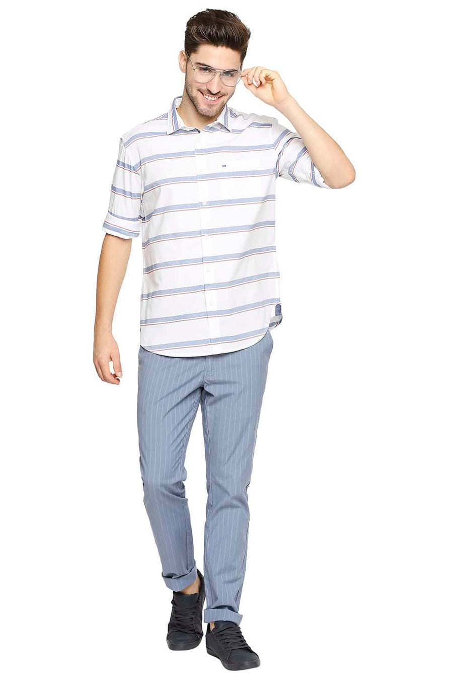BASICS SLIM FIT BLUE HORIZON OXFORD HORIZONTAL STRIPE SHIRT