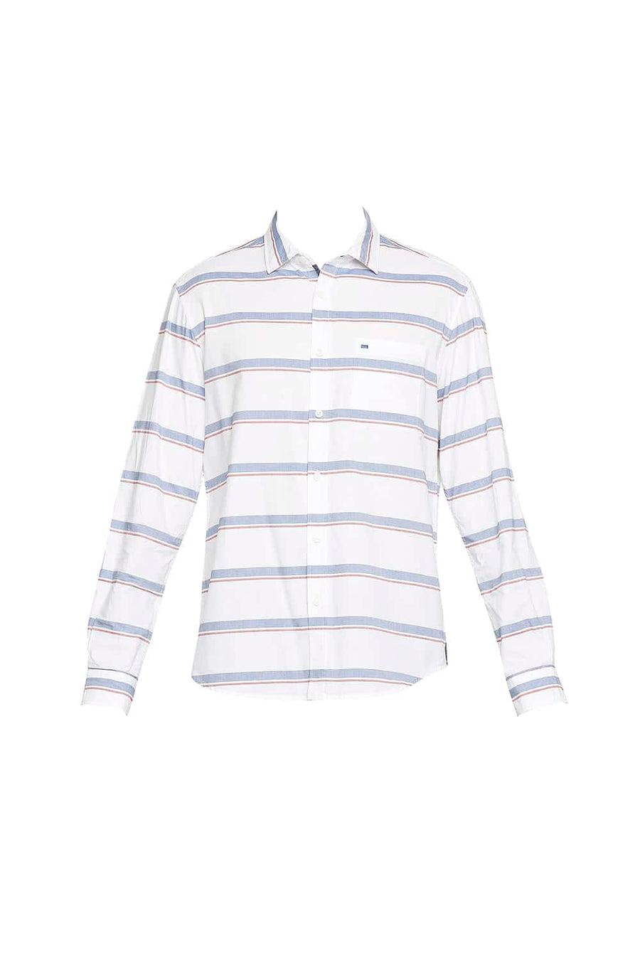BASICS SLIM FIT BLUE HORIZON OXFORD HORIZONTAL STRIPE SHIRT