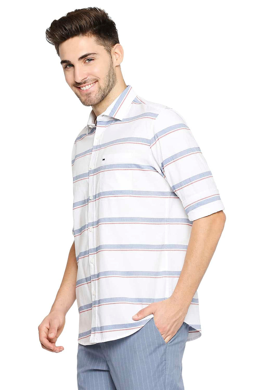 BASICS SLIM FIT BLUE HORIZON OXFORD HORIZONTAL STRIPE SHIRT
