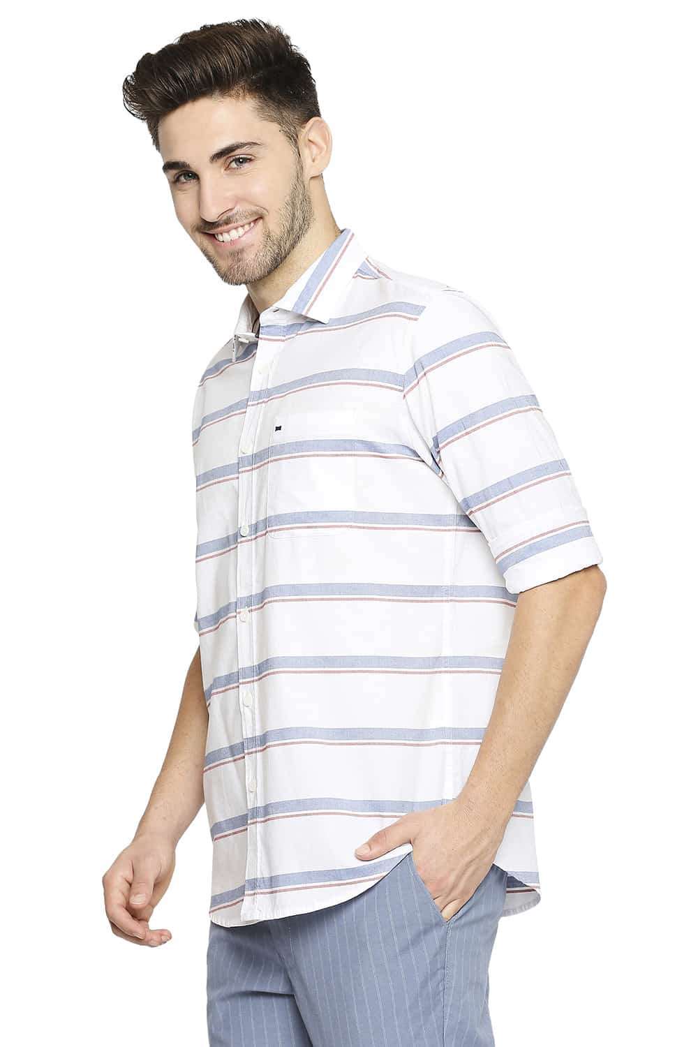 BASICS SLIM FIT OXFORD HORIZONTAL STRIPE SHIRT