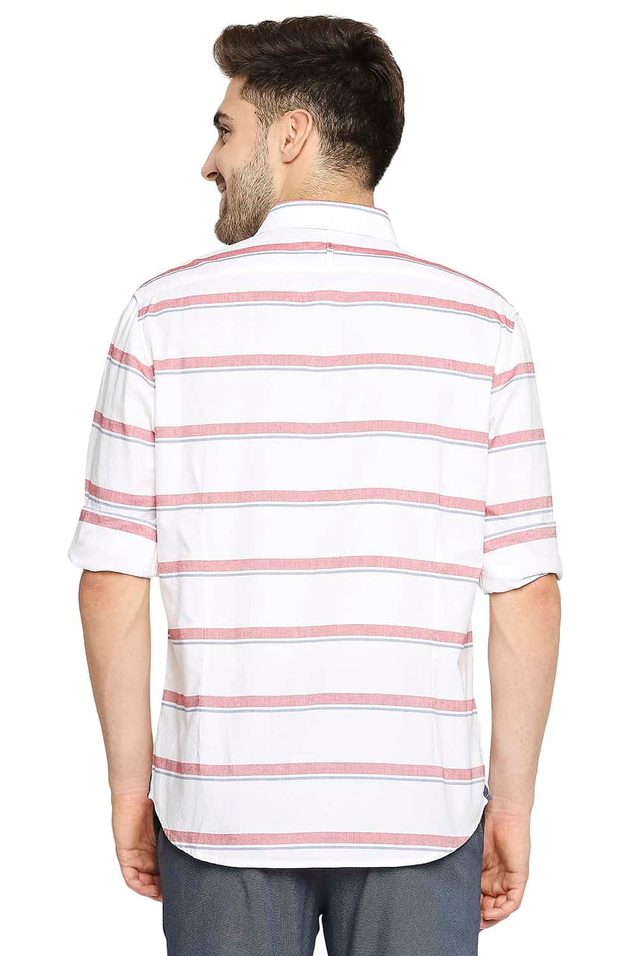 BASICS SLIM FIT RACING RED OXFORD HORIZONTAL STRIPE SHIRT