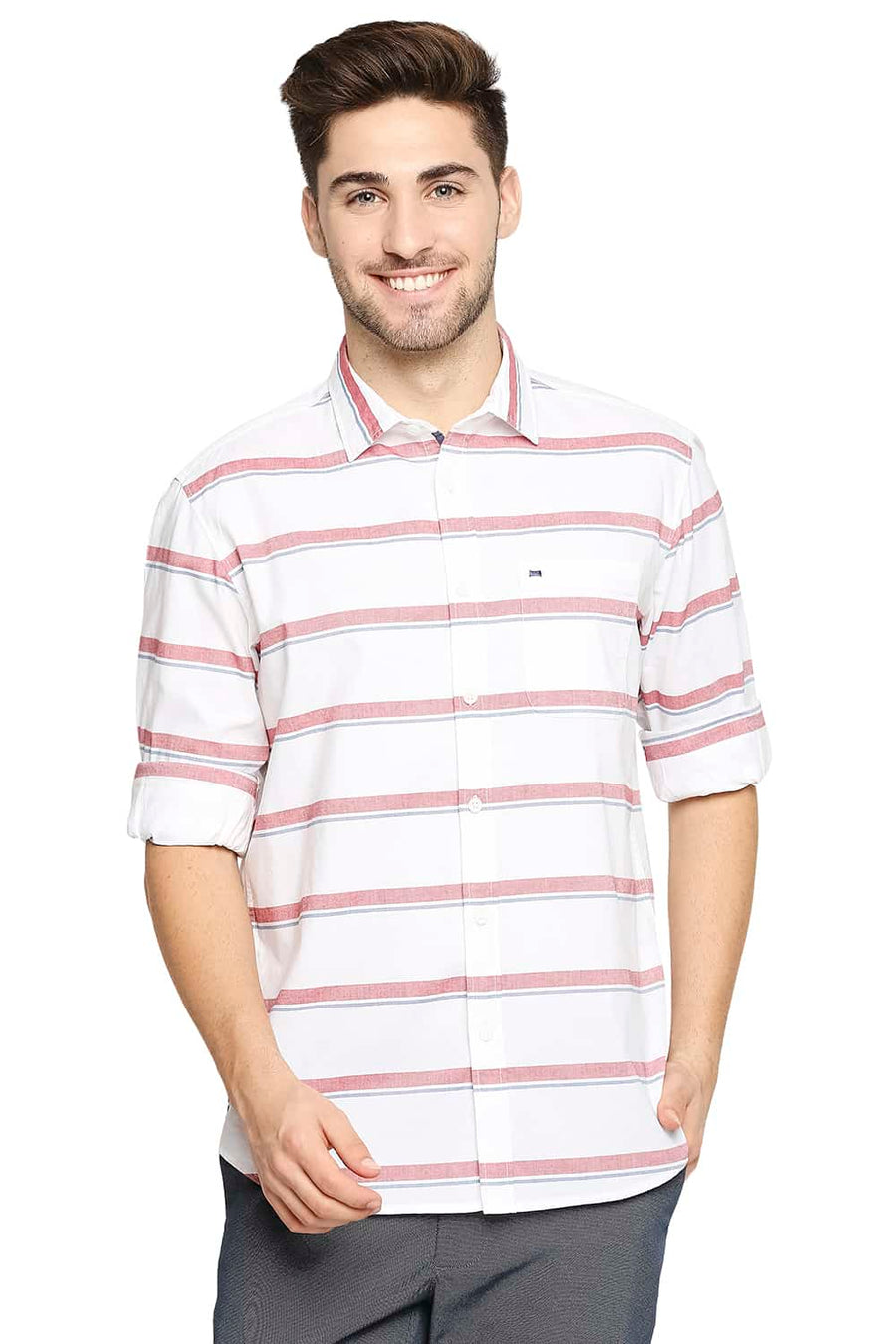 BASICS SLIM FIT RACING RED OXFORD HORIZONTAL STRIPE SHIRT